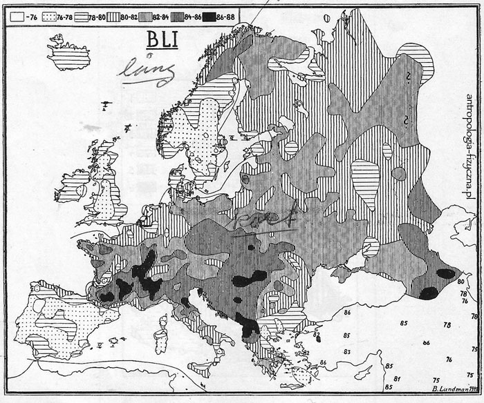 A map sorting Europeans by skull shape using the cephalic index