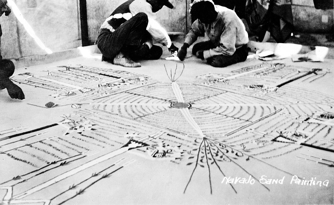 A Diné (Navajo) sandpainting composed of coloured pigments in a symmetrical ritual design