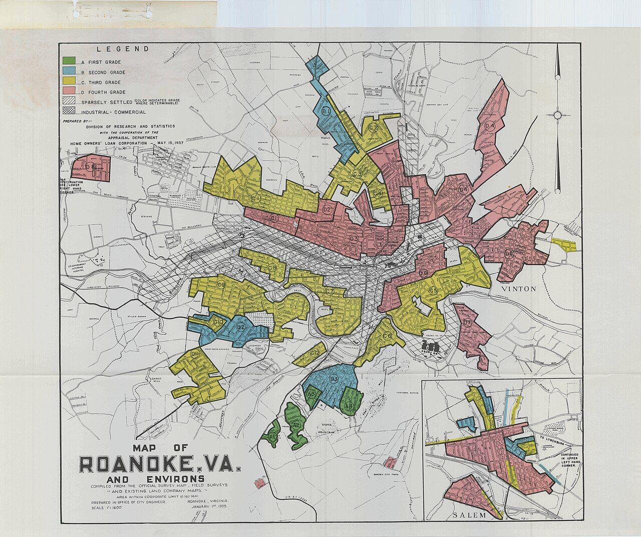 A Home Owners’ Loan Corporation “residential security” map; between 1935 and 1940 the agency graded neighbourhoods in 239 cities, and the lowest grade — shaded red — trac