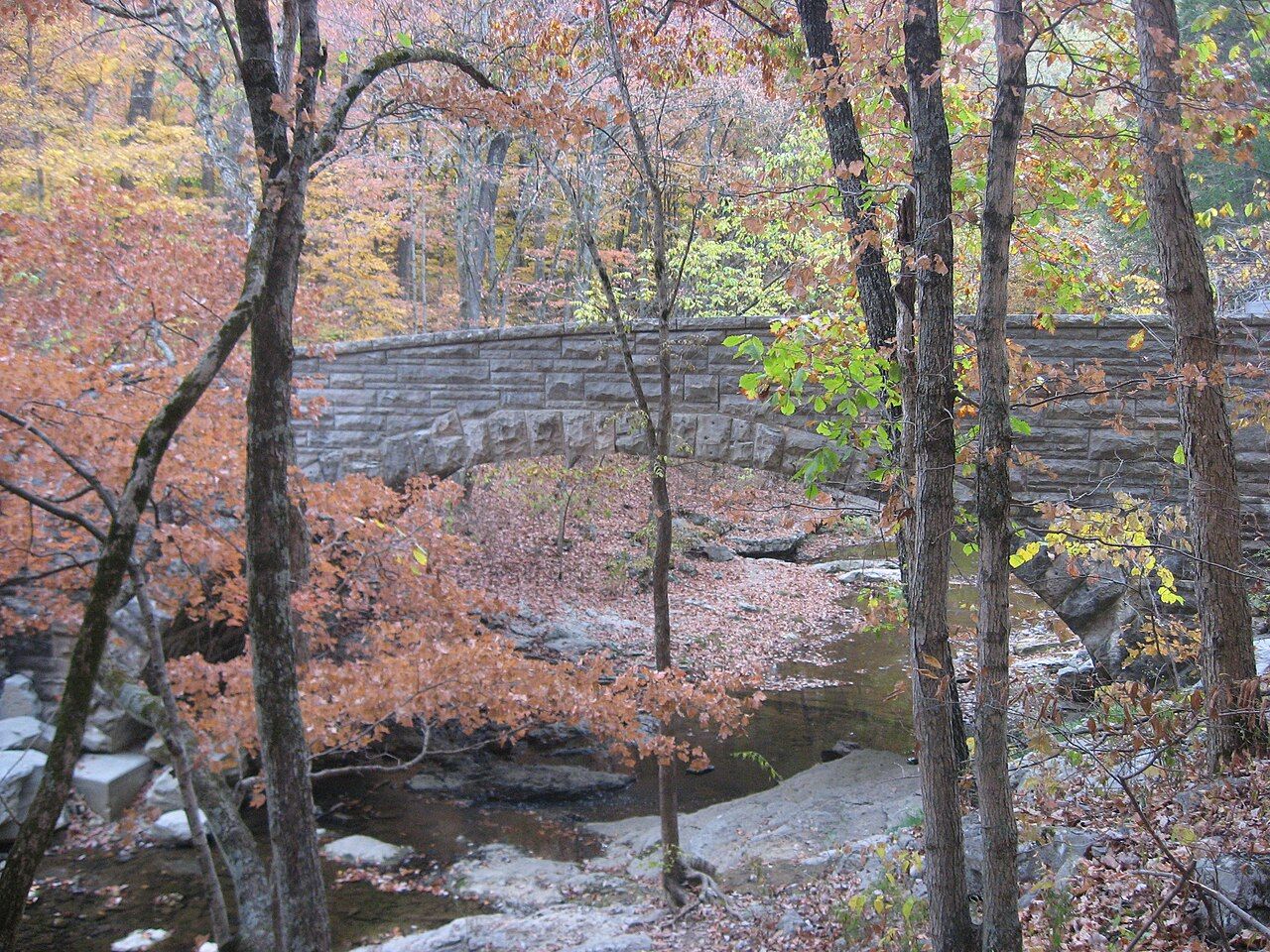 A stone arch bridge spanning a creek, seen from the bank through autumn trees, with the arch partly screened by trunks.