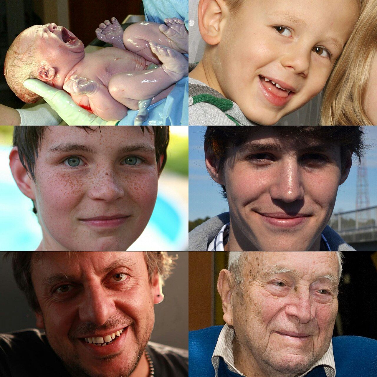 A montage of human life stages from infancy through old age