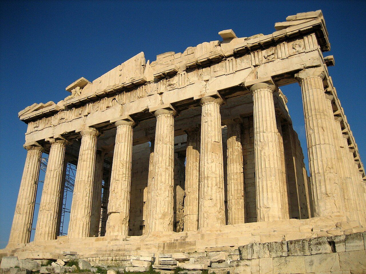 The Parthenon on the Athenian Acropolis, its Doric marble colonnade standing against the sky