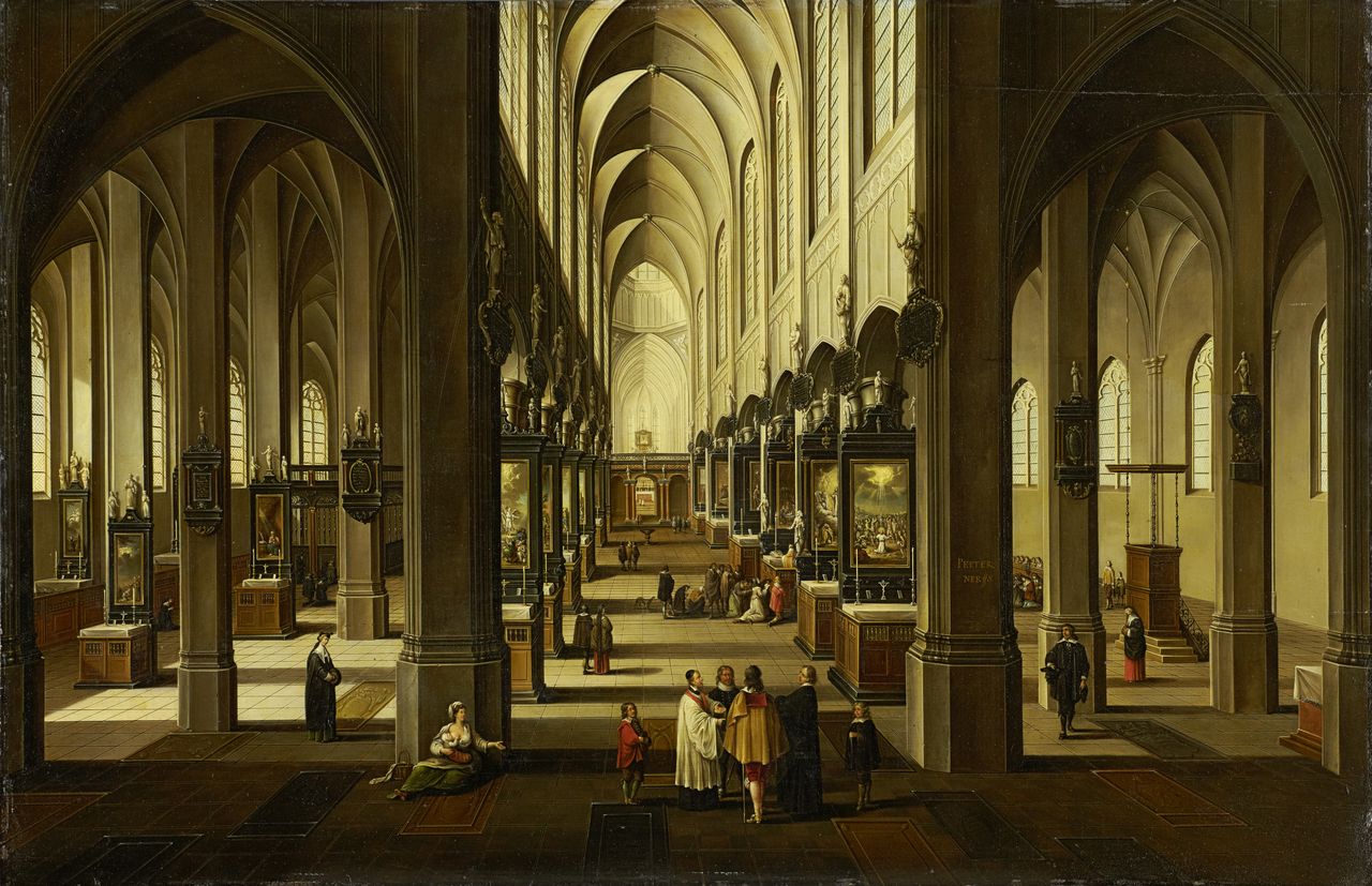 Interior of a Gothic cathedral with pointed arches, ribbed vaults, tall clustered piers and stained glass windows