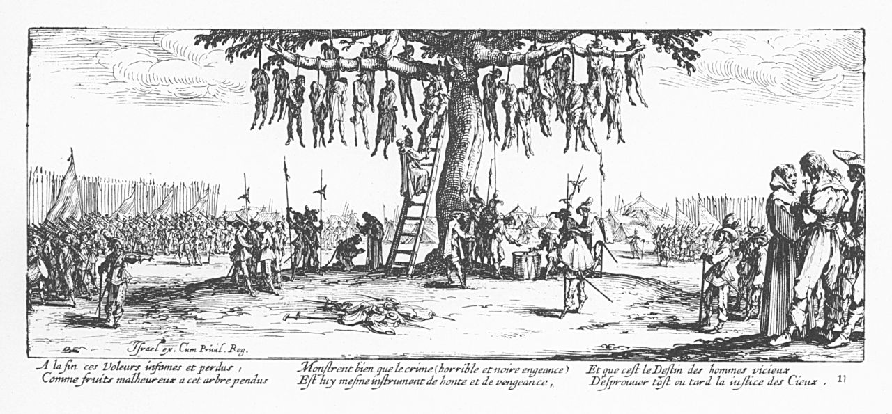 Jacques Callot’s series The Miseries of War (1633) recorded the hangings, pillage and displacement that made the Thirty Years’ War a demographic catastrophe for central Europe.