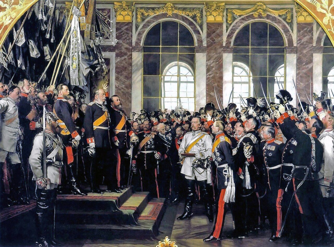 The German Empire proclaimed in the Hall of Mirrors at Versailles, 18 January 1871 — a nation announced in a defeated enemy’s palace, by soldiers.